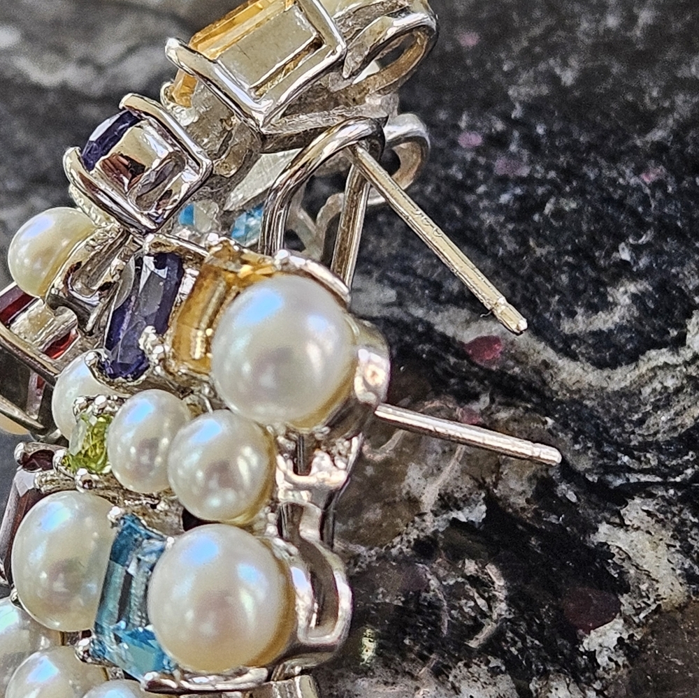 Rare Vintage Ross Simons Pearl & Gemstones Pierced Earrings - Picture 3 of 6
